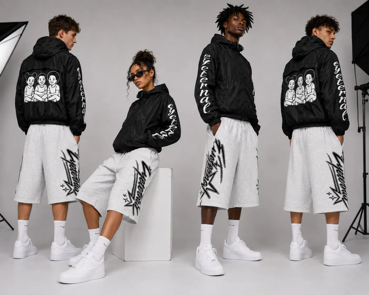 EYETERNAL FW'26 campaign: figure in heavy draped black streetwear staring into the camera