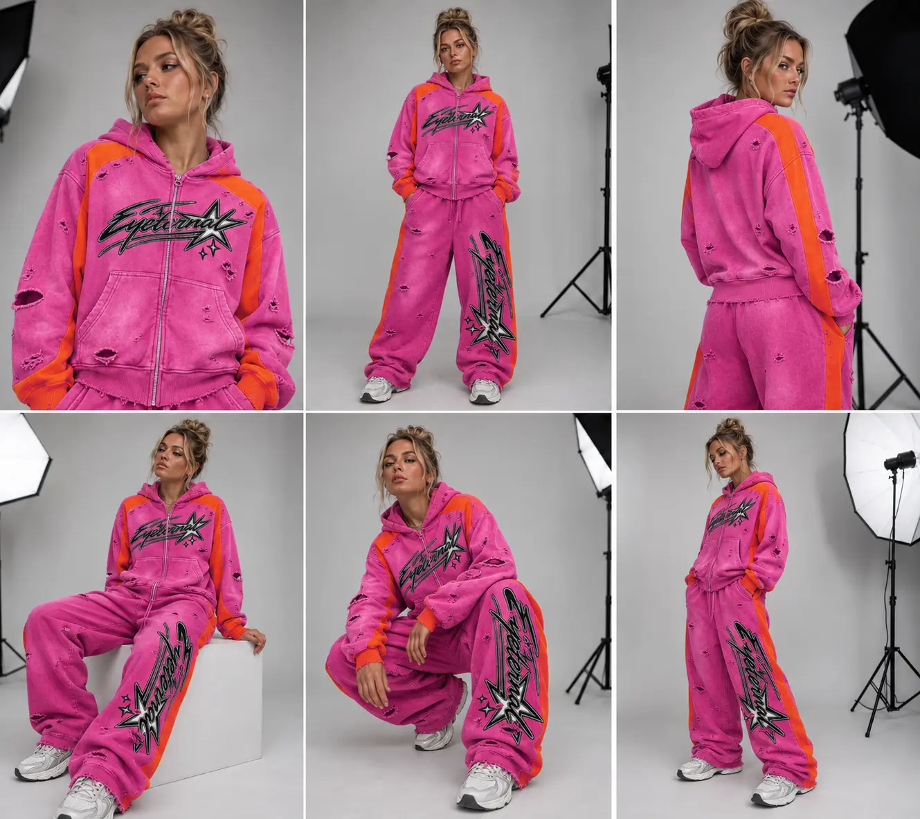 Studio grid of the magenta Eyeternal zip tracksuit from six angles
